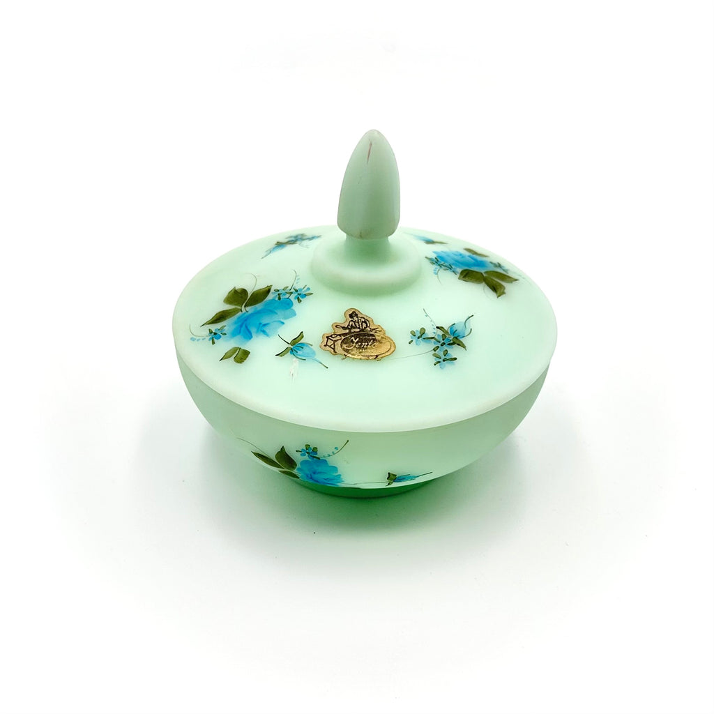 Fenton Blue Roses on Satin Covered Candy Dish Hand Painted Signed Alexis J Knopp
