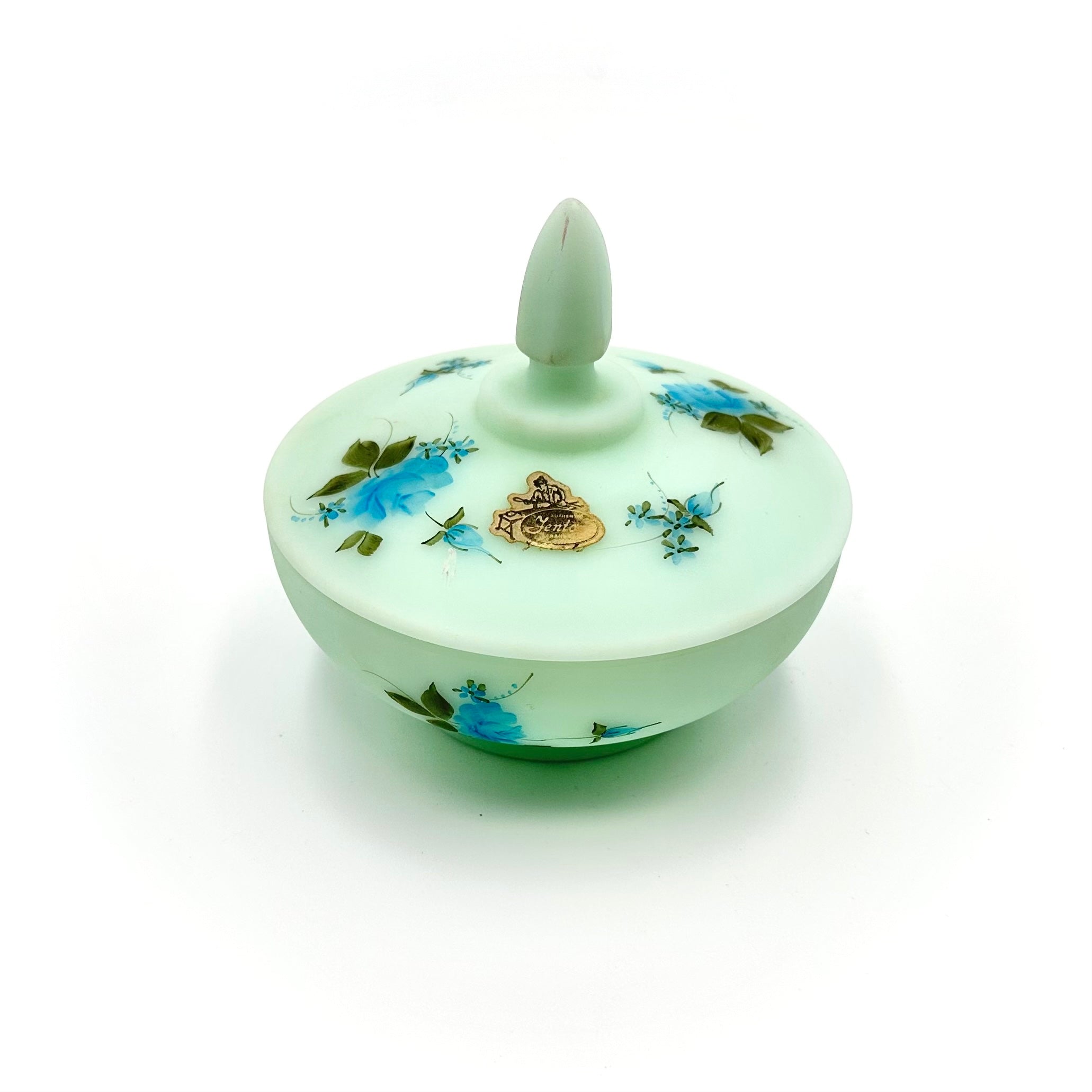 Fenton Blue Roses on Satin Covered Candy Dish Hand Painted Signed Alexis J Knopp