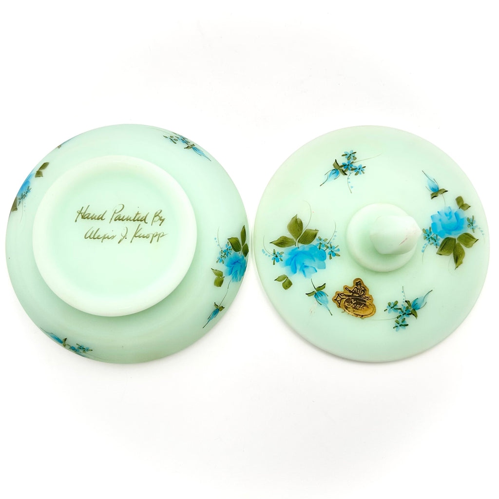 Fenton Blue Roses on Satin Covered Candy Dish Hand Painted Signed Alexis J Knopp