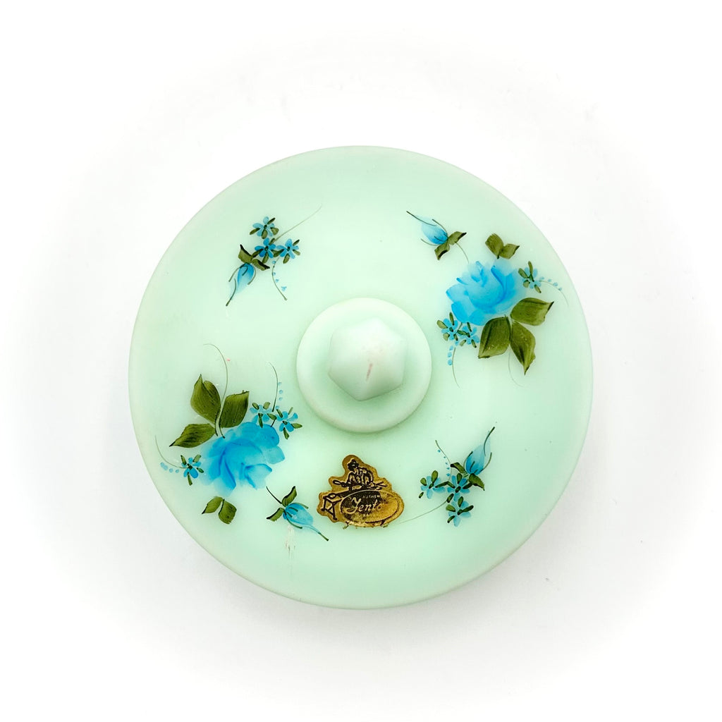 Fenton Blue Roses on Satin Covered Candy Dish Hand Painted Signed Alexis J Knopp