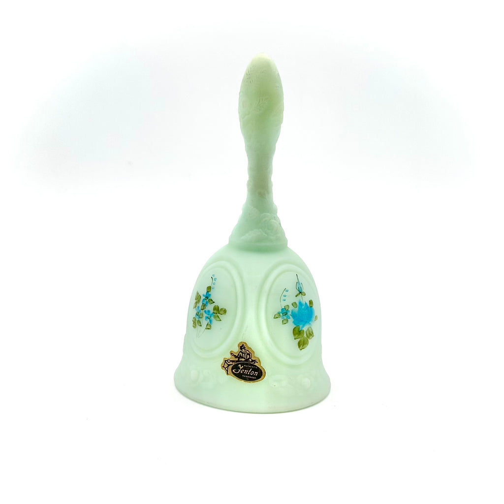 Fenton Blue Roses On Satin Glass Bell Hand Painted Signed L McMullen