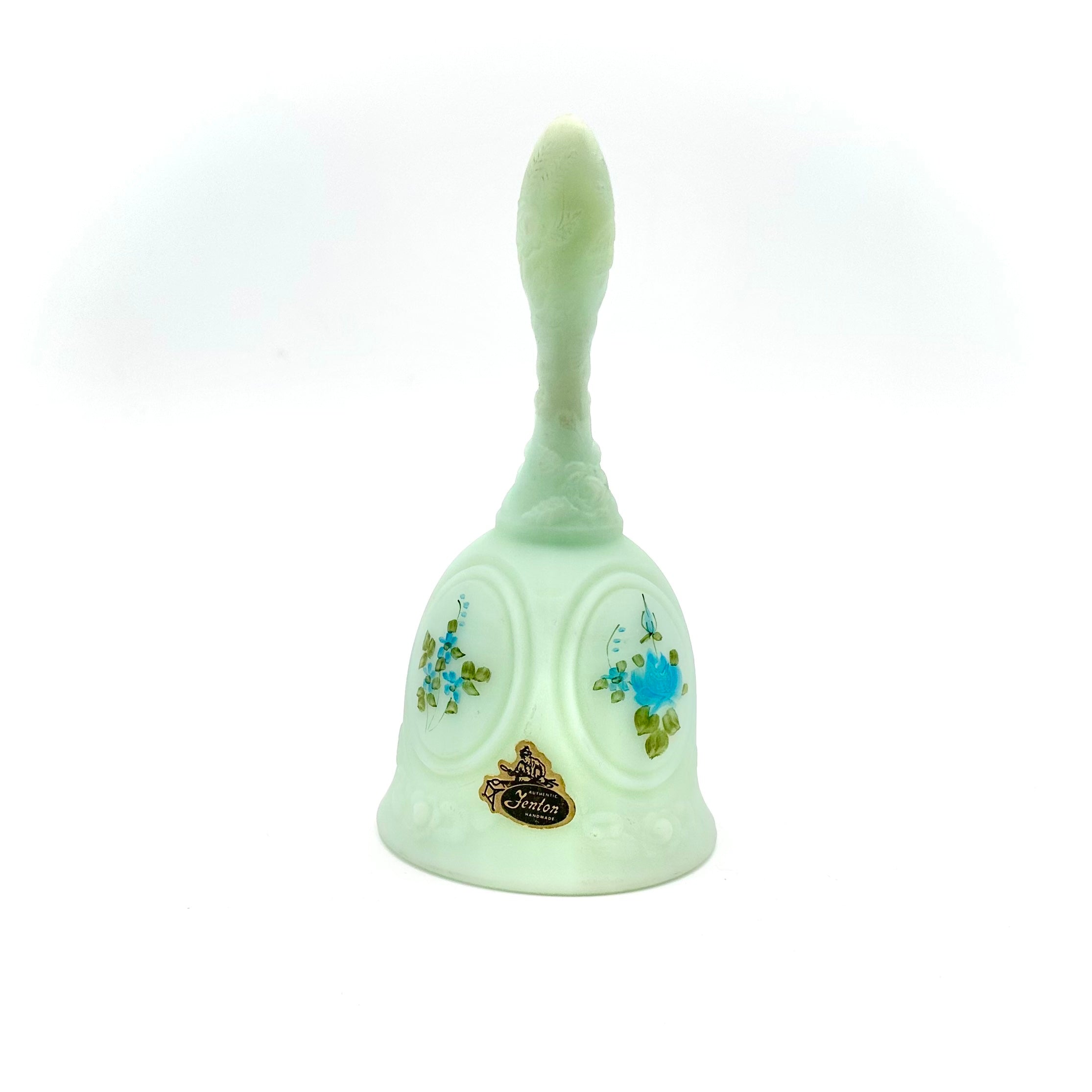 Fenton Blue Roses On Satin Glass Bell Hand Painted Signed L McMullen