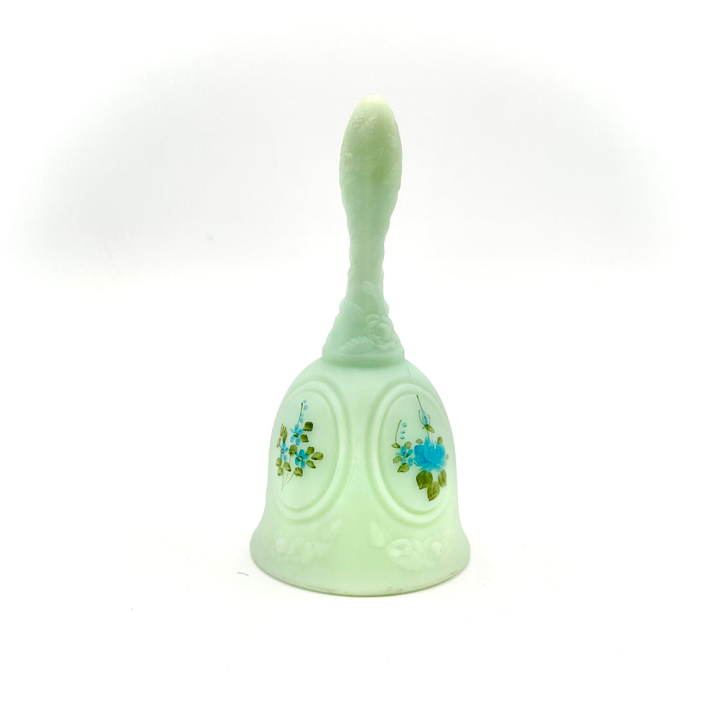 Fenton Blue Roses On Satin Glass Bell Hand Painted Signed L McMullen