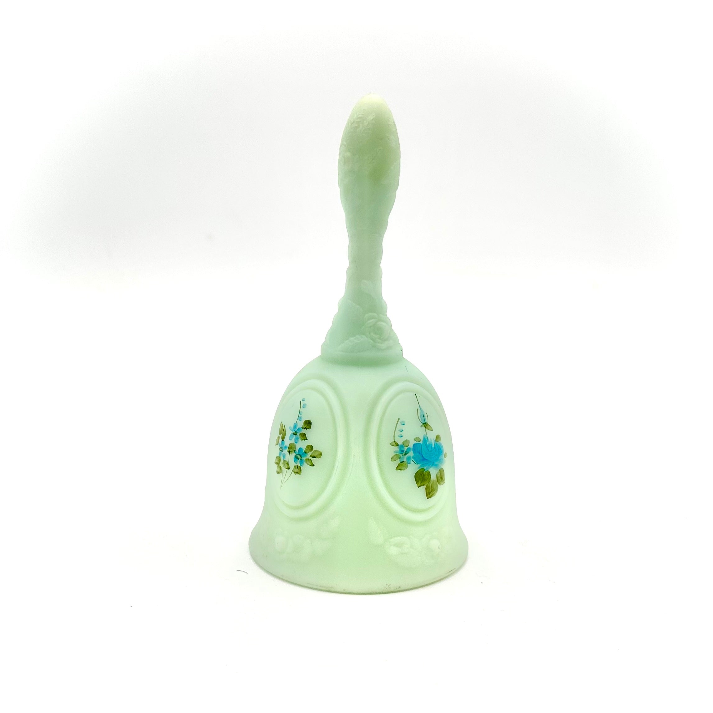 Fenton Blue Roses On Satin Glass Bell Hand Painted Signed L McMullen