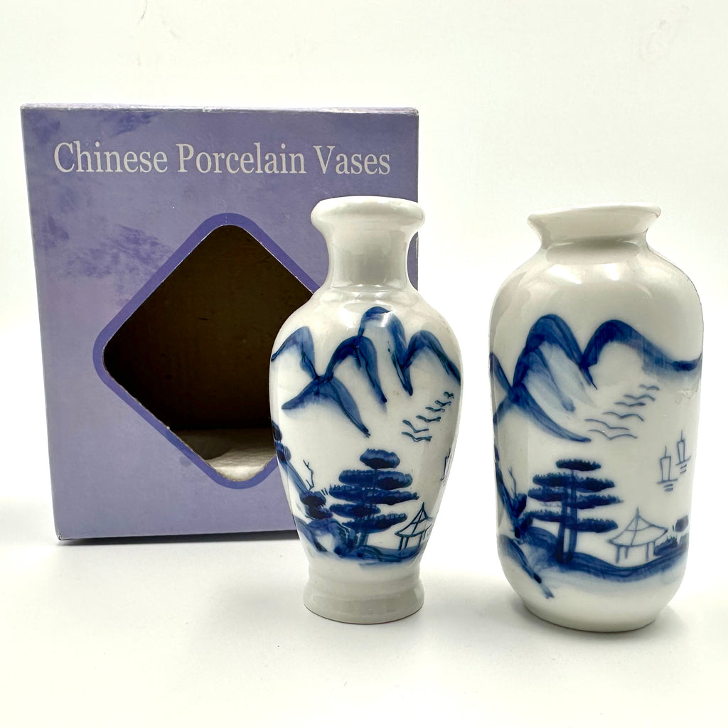 Mini Chinese Porcelain Vases Blue White Landscape Pair