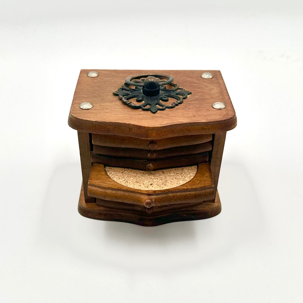 Vintage Wooden Coaster Set with Holder