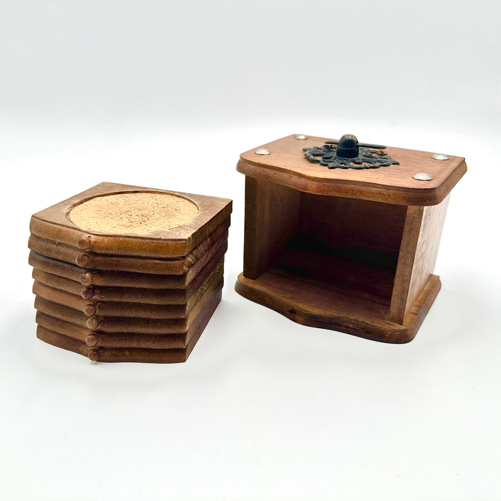 Vintage Wooden Coaster Set with Holder