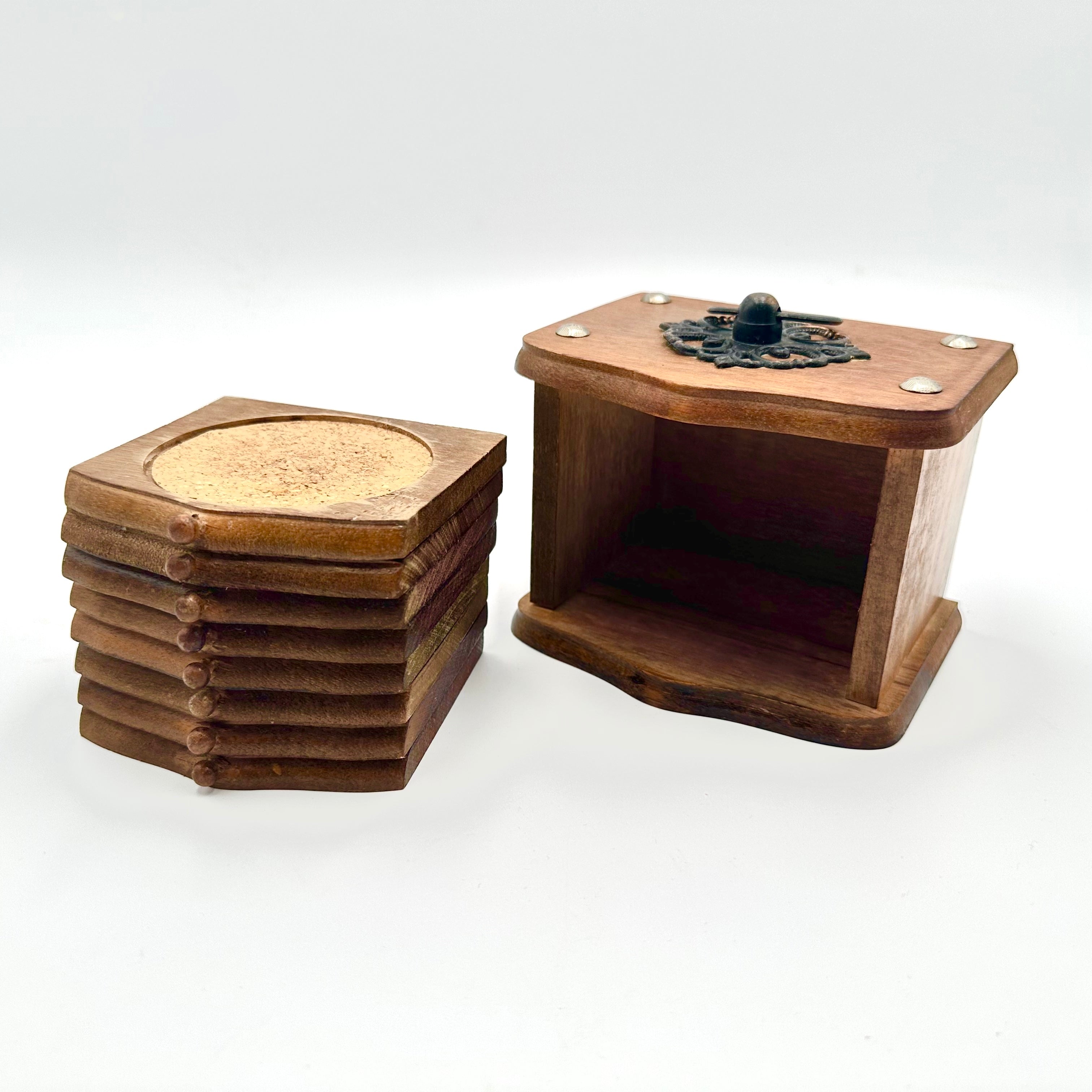 Vintage Wooden Coaster Set with Holder