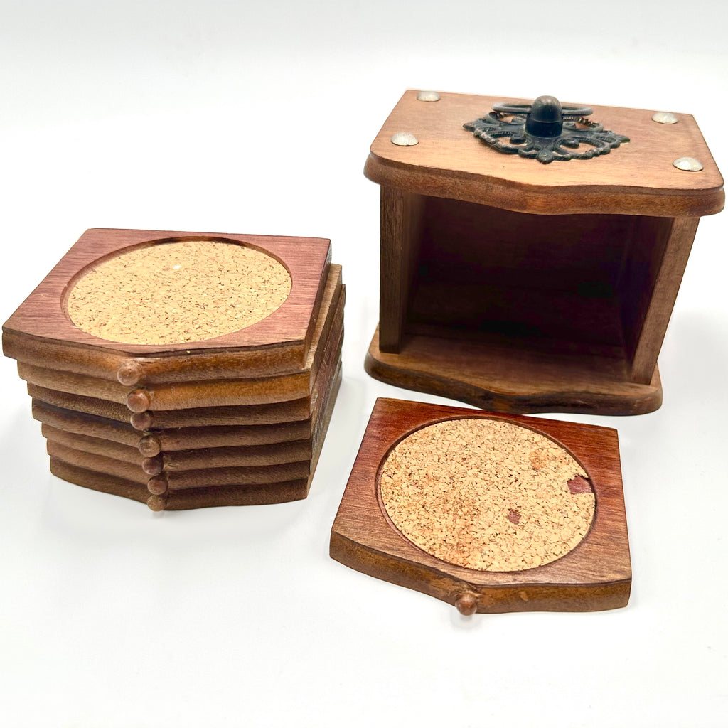 Vintage Wooden Coaster Set with Holder