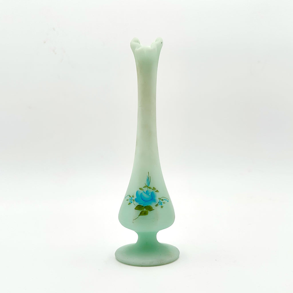 Fenton Blue Rose On Satin Swung Bud Vase