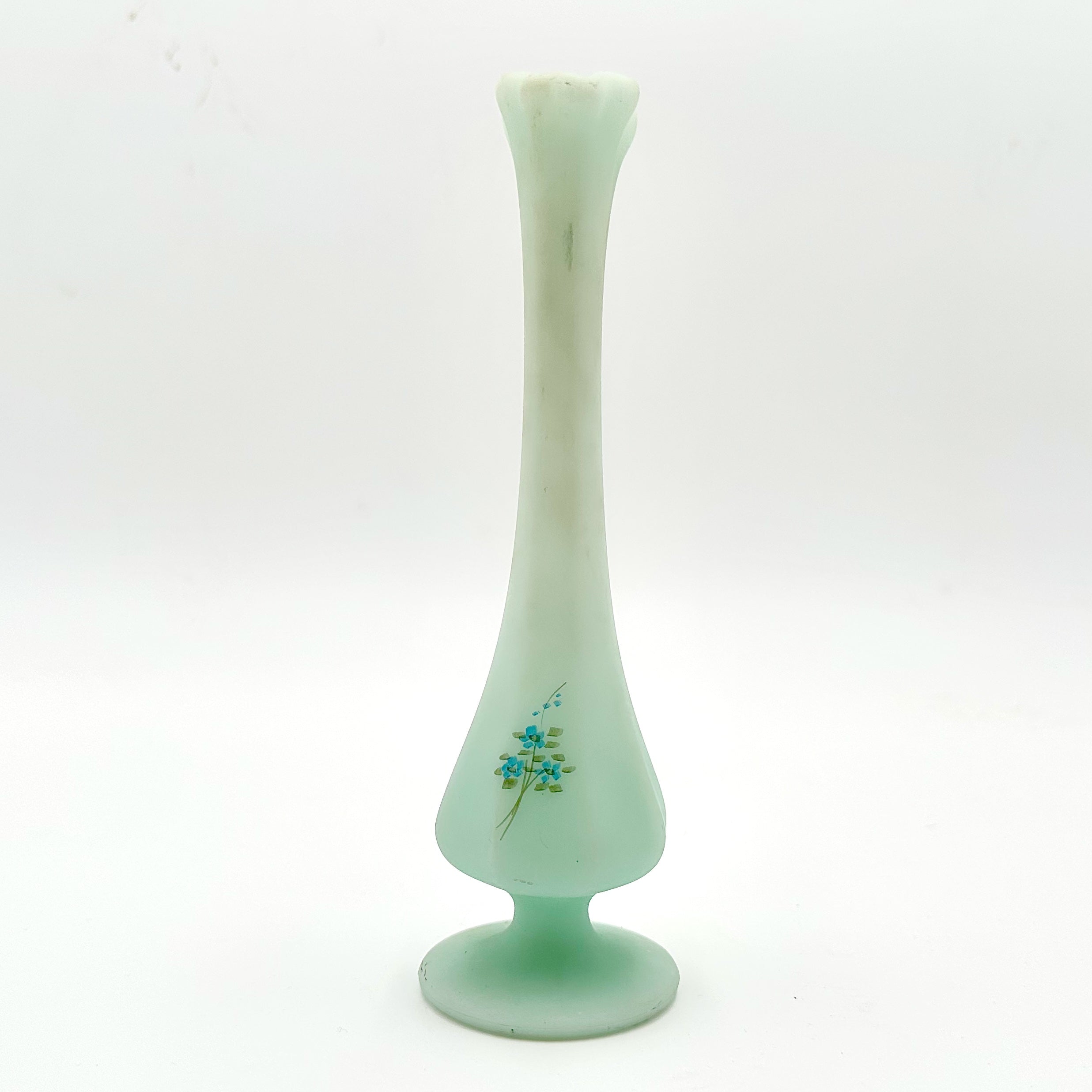 Fenton Blue Rose On Satin Swung Bud Vase
