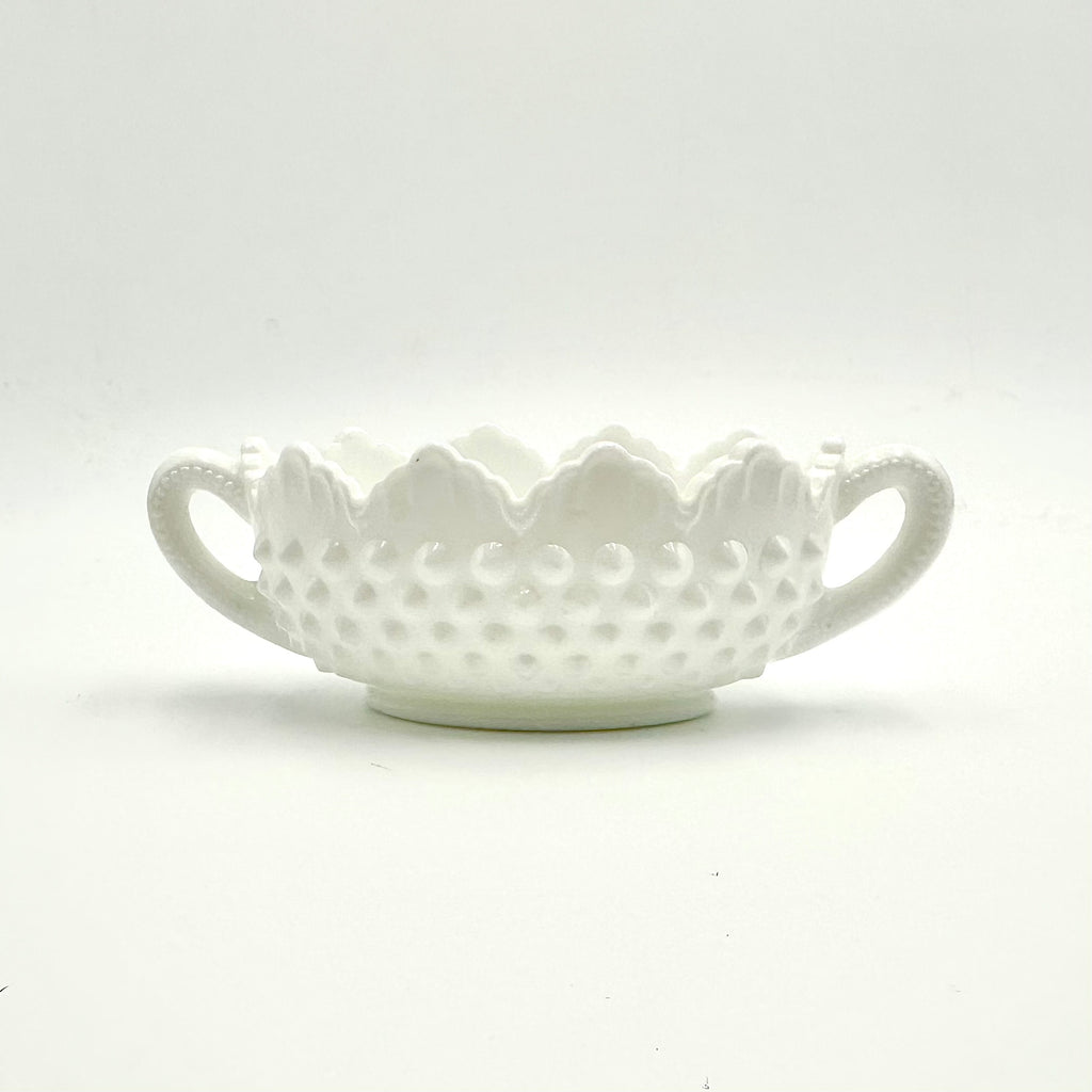 Fenton Milk Glass Hobnail Handled Candy Dish