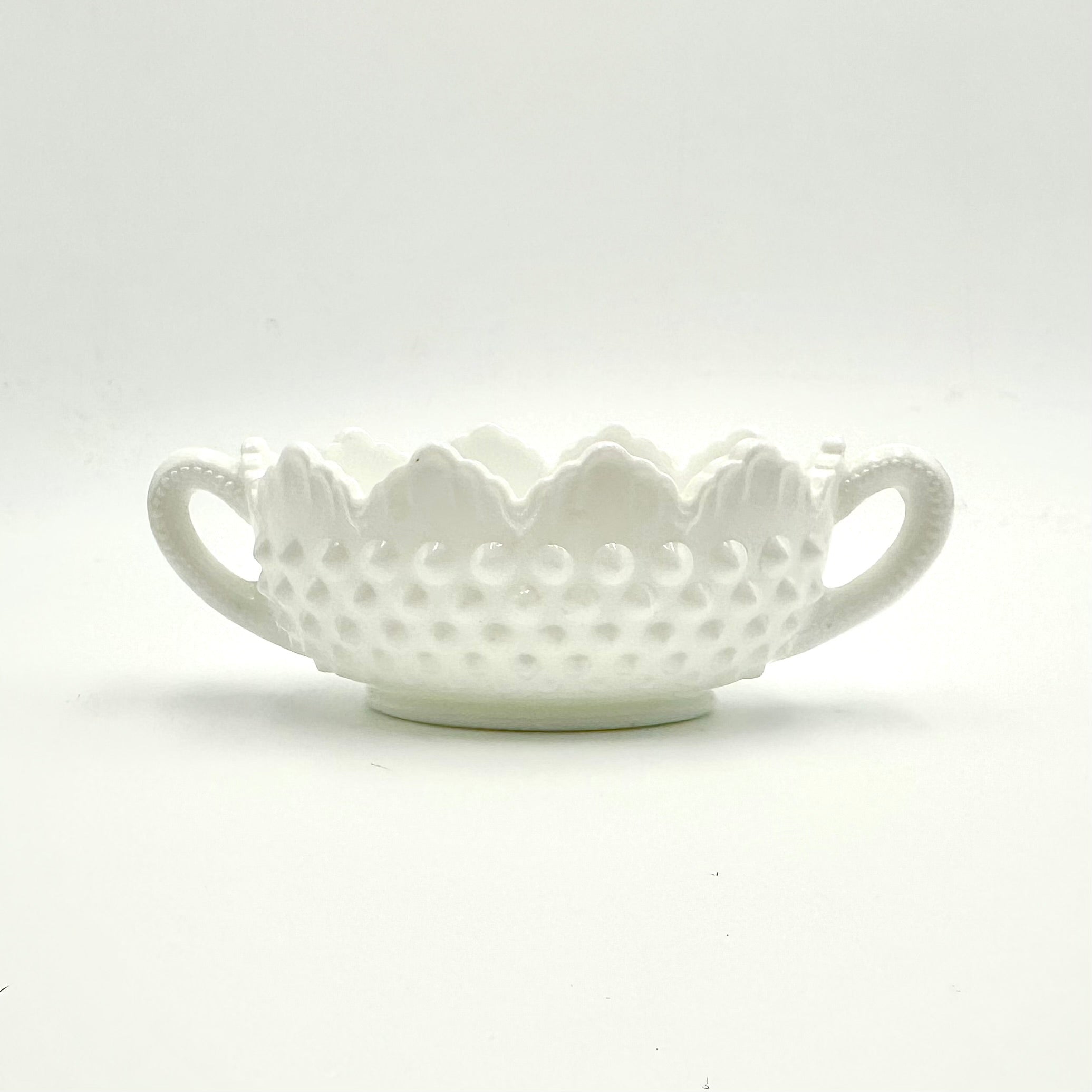 Fenton Milk Glass Hobnail Handled Candy Dish