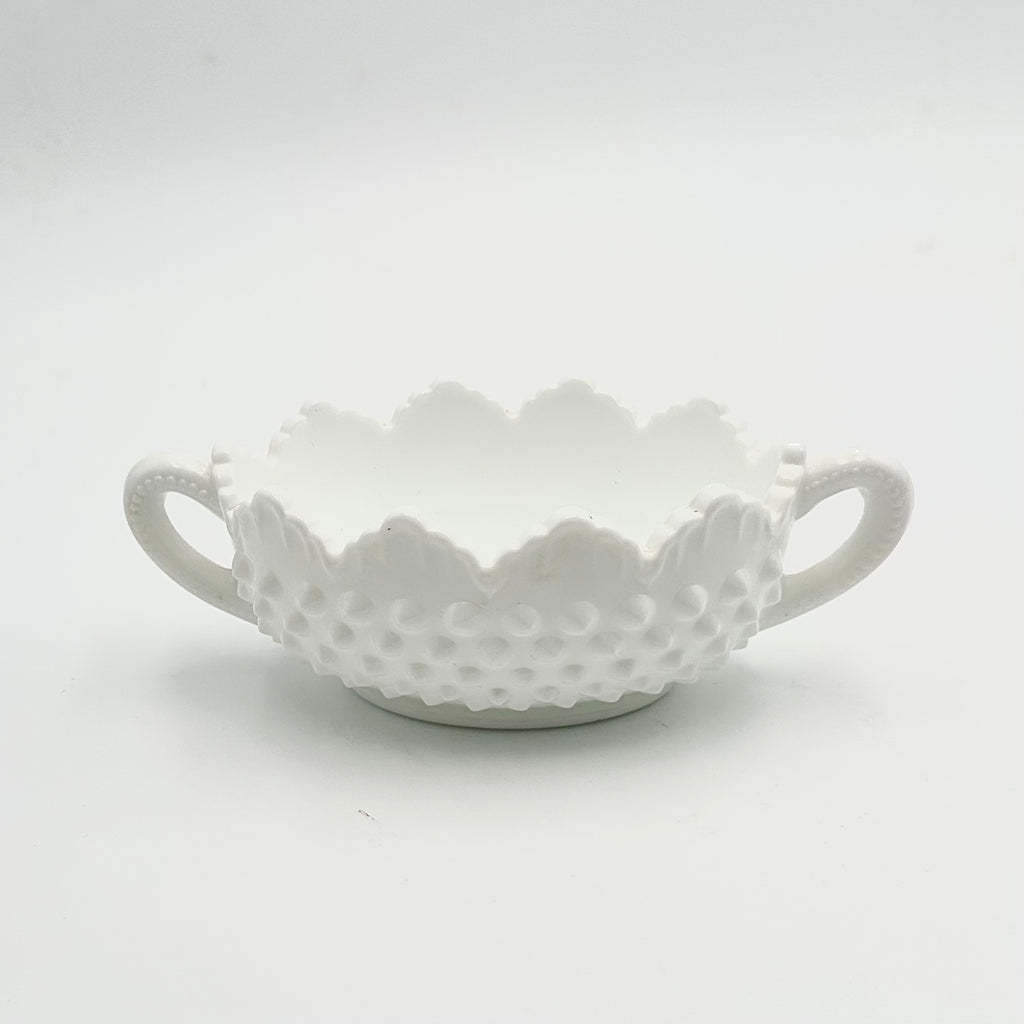 Fenton Milk Glass Hobnail Handled Candy Dish