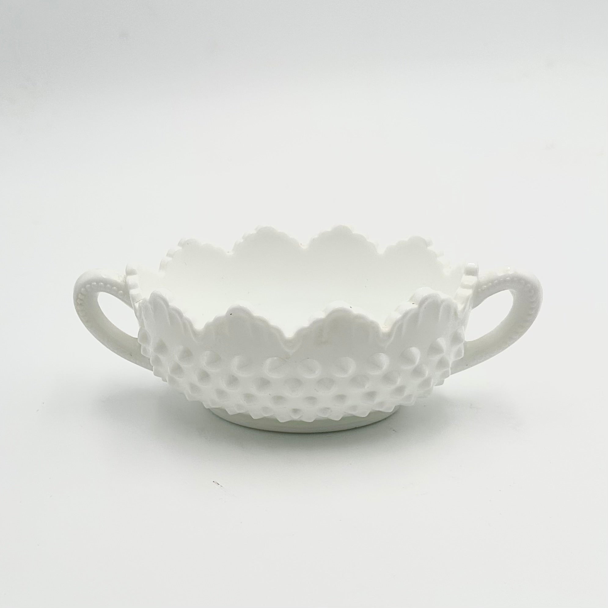 Fenton Milk Glass Hobnail Handled Candy Dish
