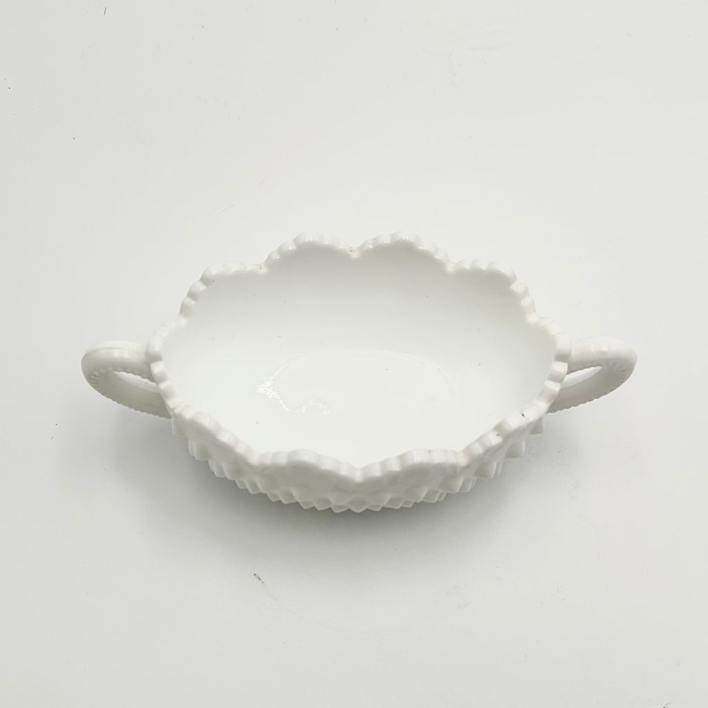 Fenton Milk Glass Hobnail Handled Candy Dish