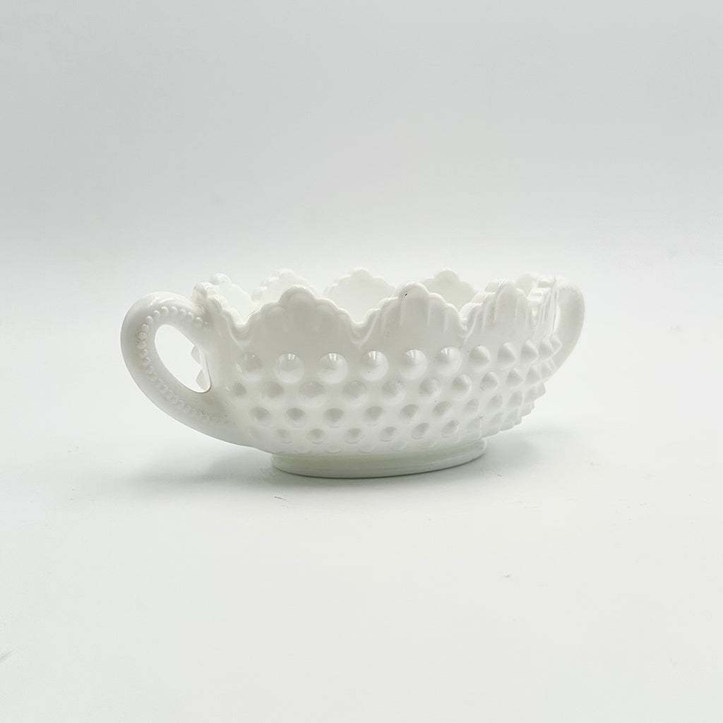 Fenton Milk Glass Hobnail Handled Candy Dish