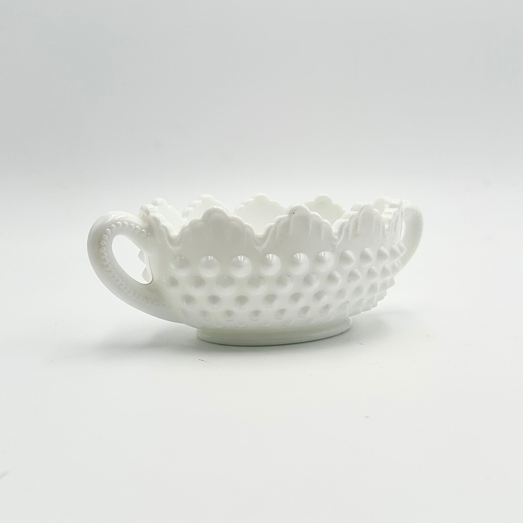 Fenton Milk Glass Hobnail Handled Candy Dish