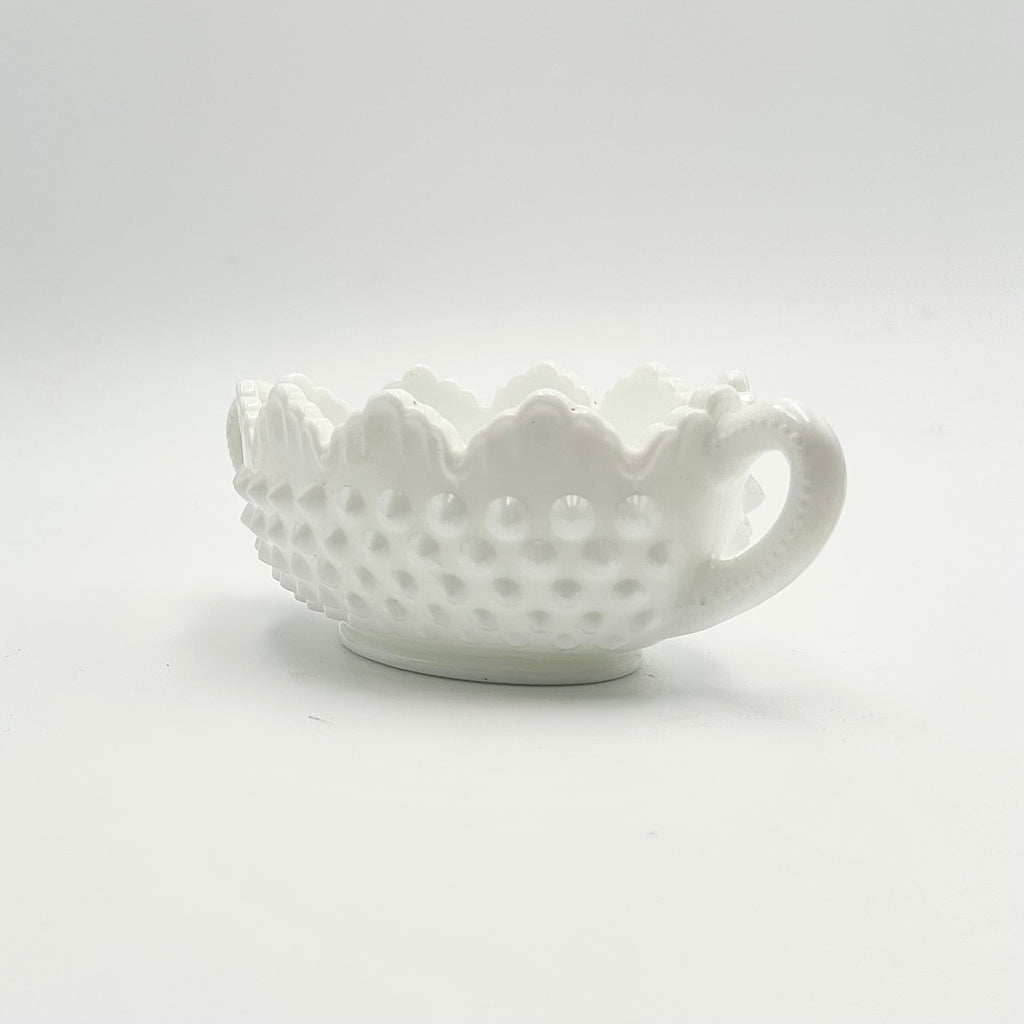 Fenton Milk Glass Hobnail Handled Candy Dish