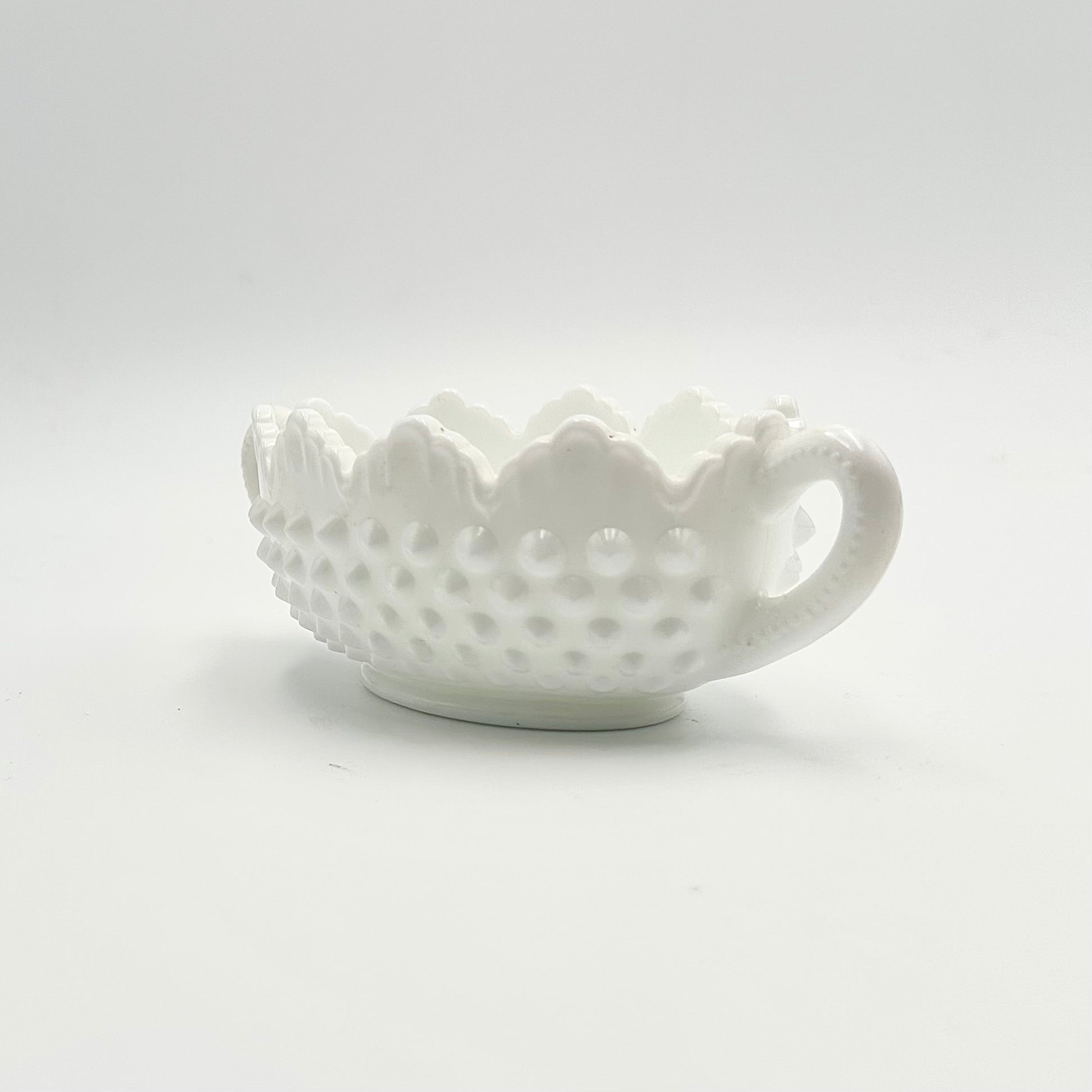 Fenton Milk Glass Hobnail Handled Candy Dish