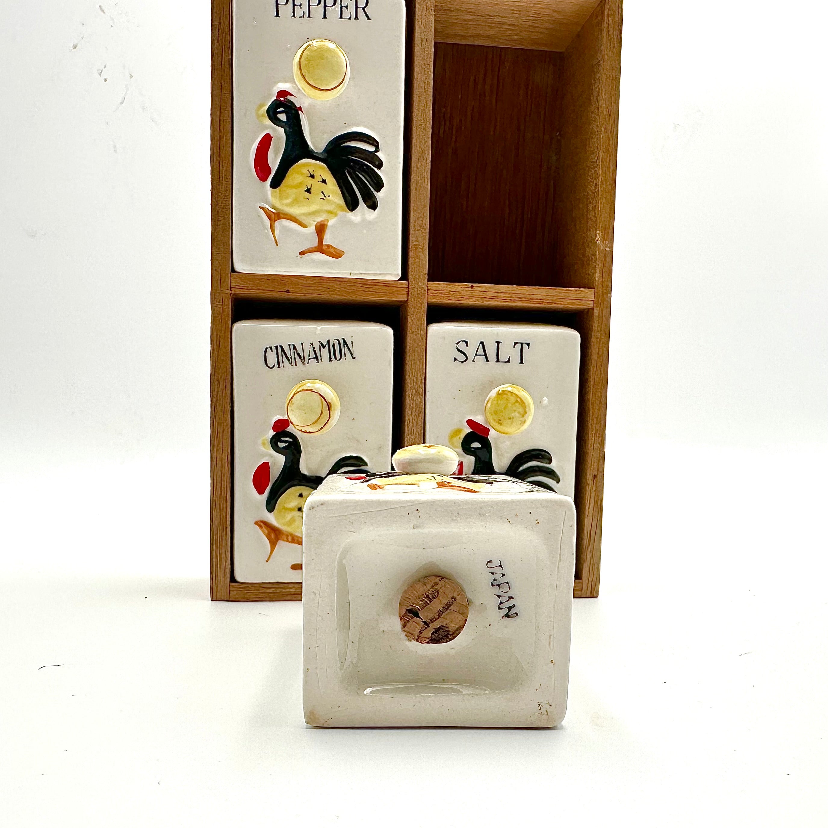 Japan Rooster Spice Jar Set & Wooden Rack