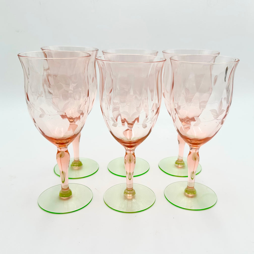 Weston #3345-11 "Watermelon" Etched Stemware Glasses, Set of 6
