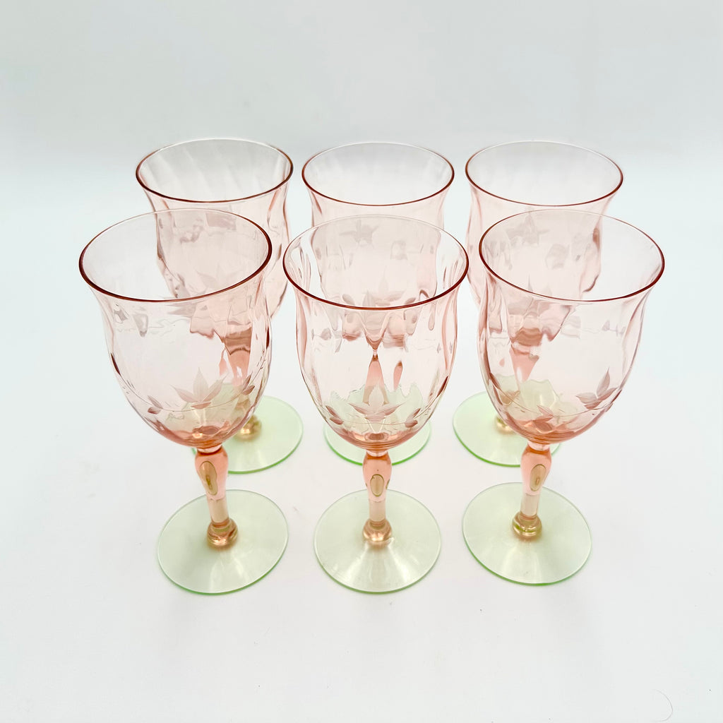 Weston #3345-11 "Watermelon" Etched Stemware Glasses, Set of 6
