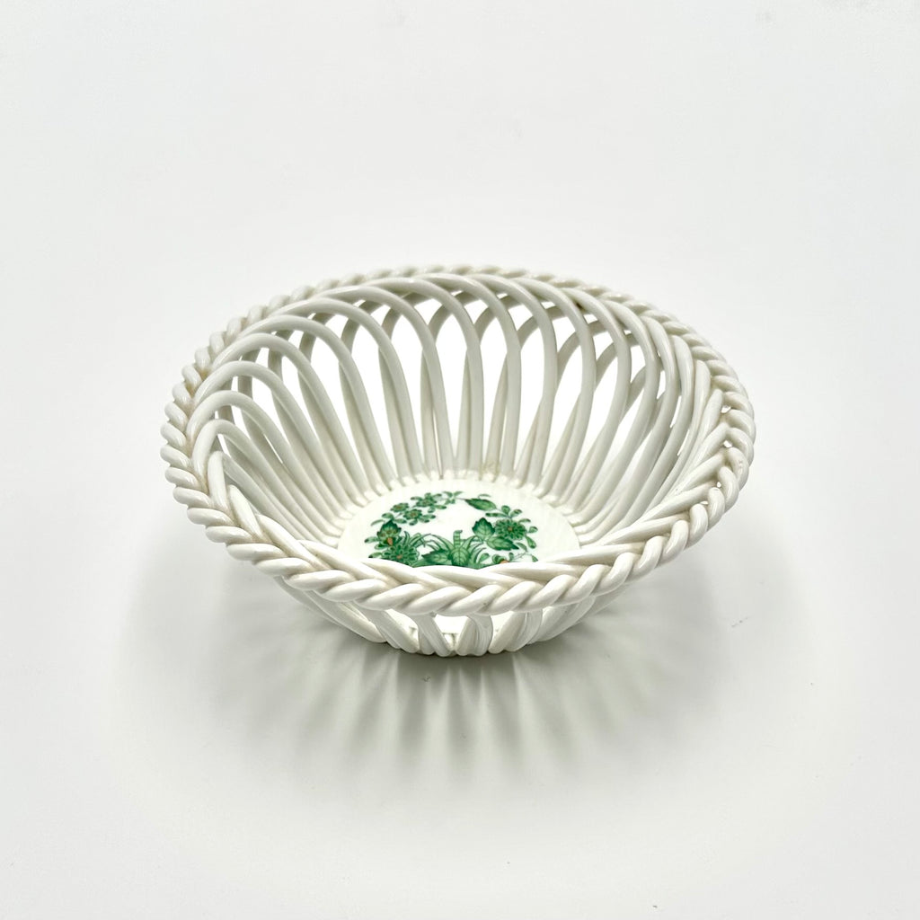 Herend Hungary Hand Painted Reticulated Porcelain Basket Bowl