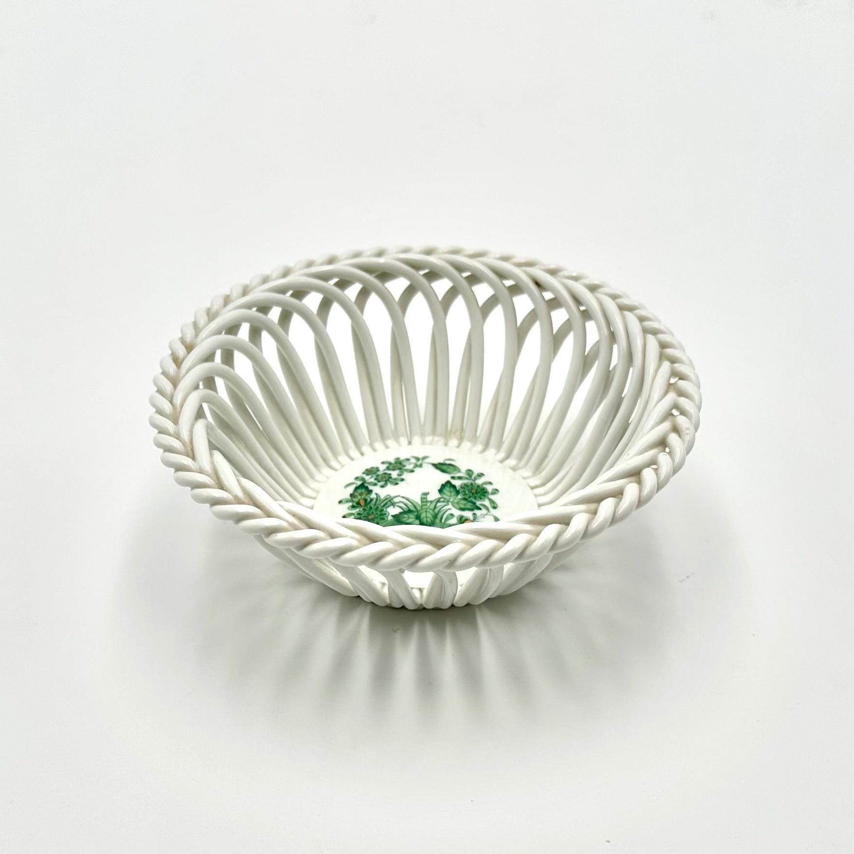 Herend Hungary Hand Painted Reticulated Porcelain Basket Bowl