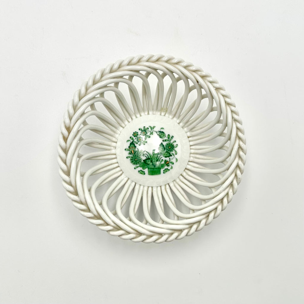 Herend Hungary Hand Painted Reticulated Porcelain Basket Bowl