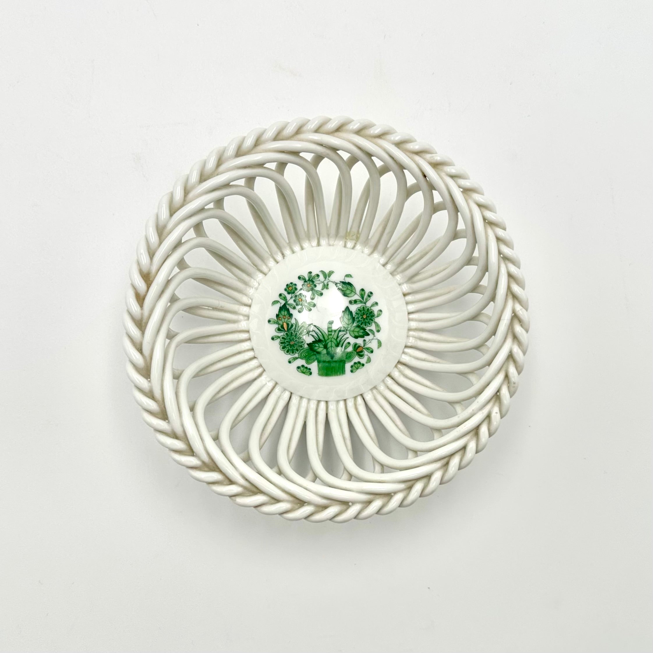 Herend Hungary Hand Painted Reticulated Porcelain Basket Bowl