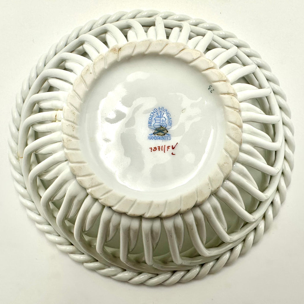 Herend Hungary Hand Painted Reticulated Porcelain Basket Bowl