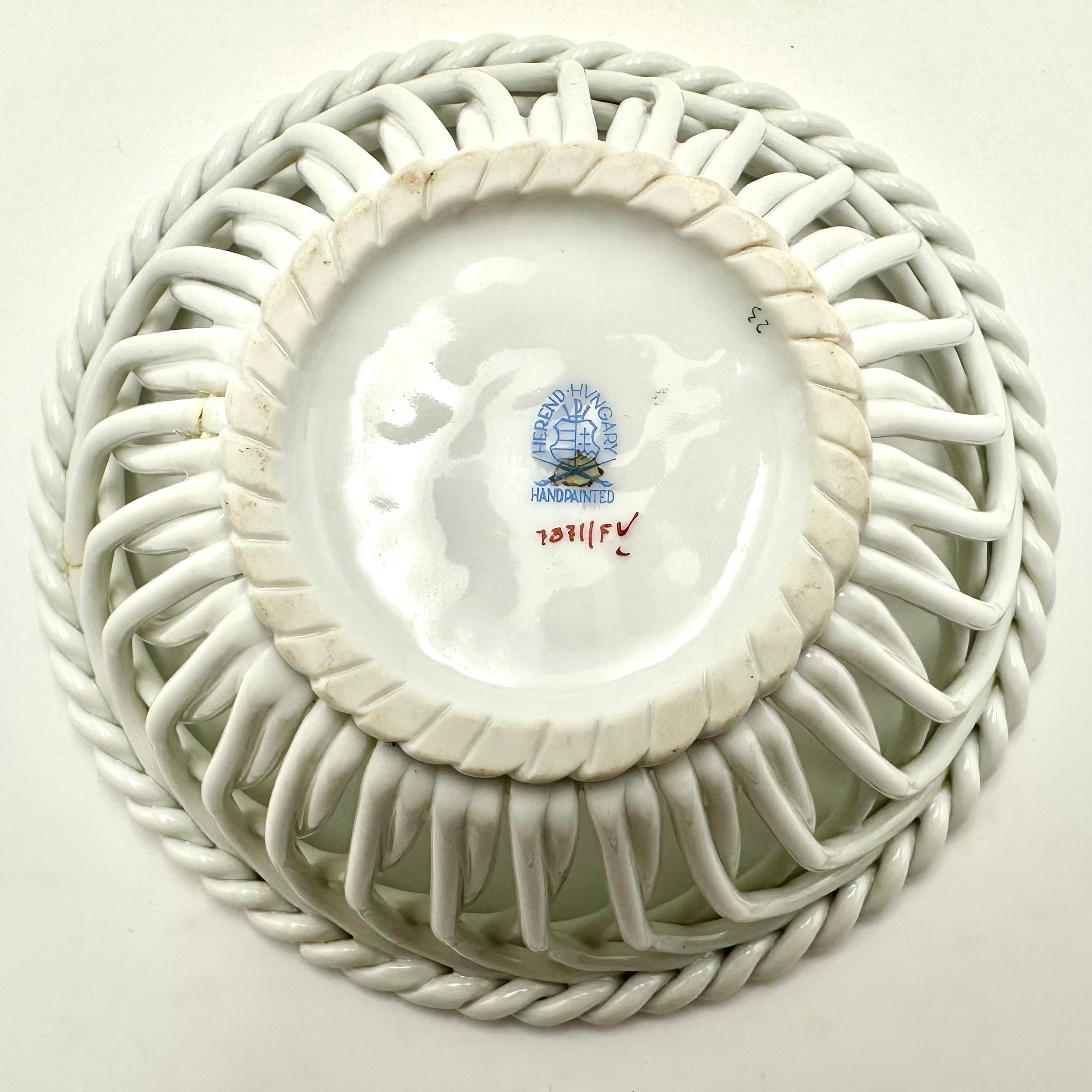 Herend Hungary Hand Painted Reticulated Porcelain Basket Bowl