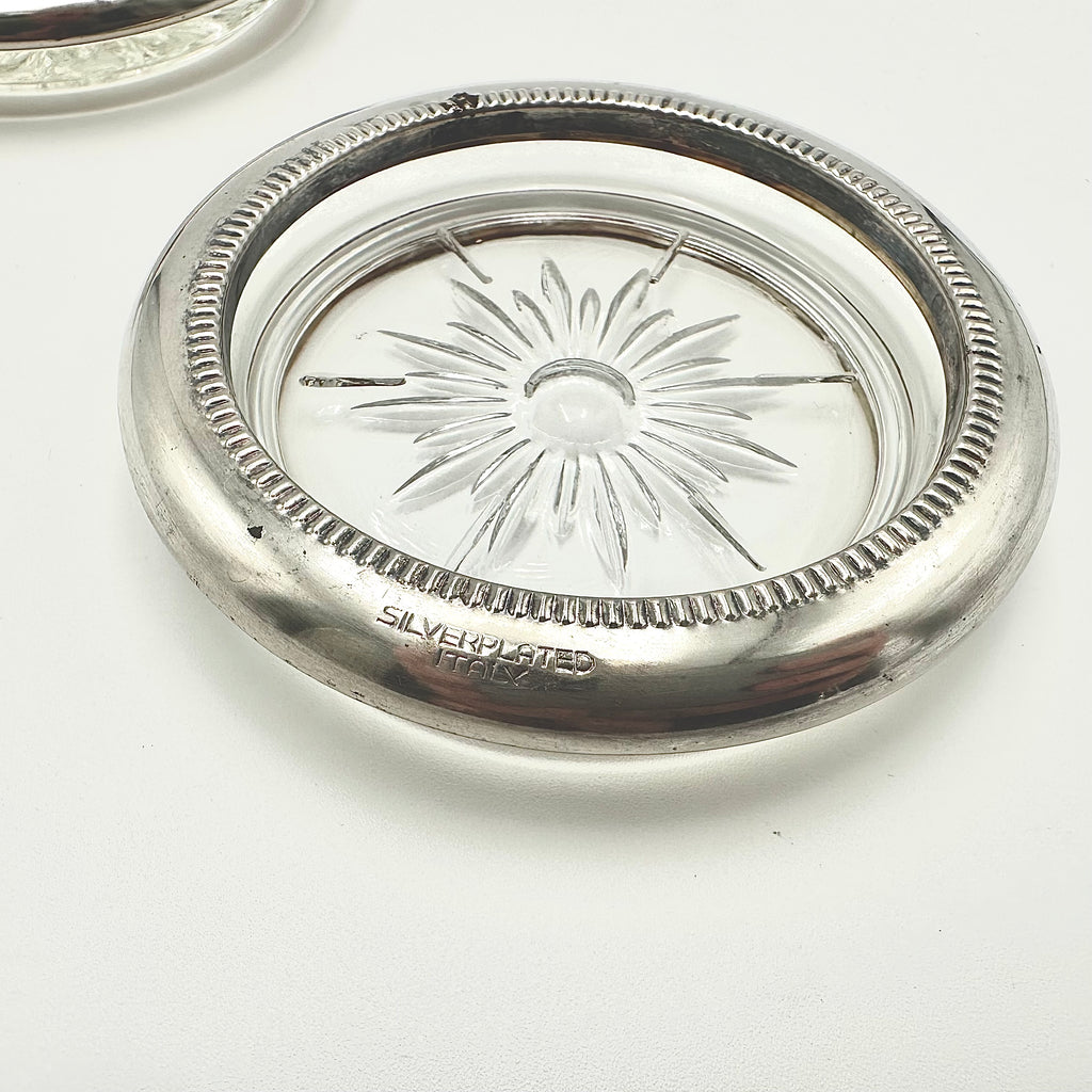 Leonard Silverplated Italy Glass Coasters Set of 2