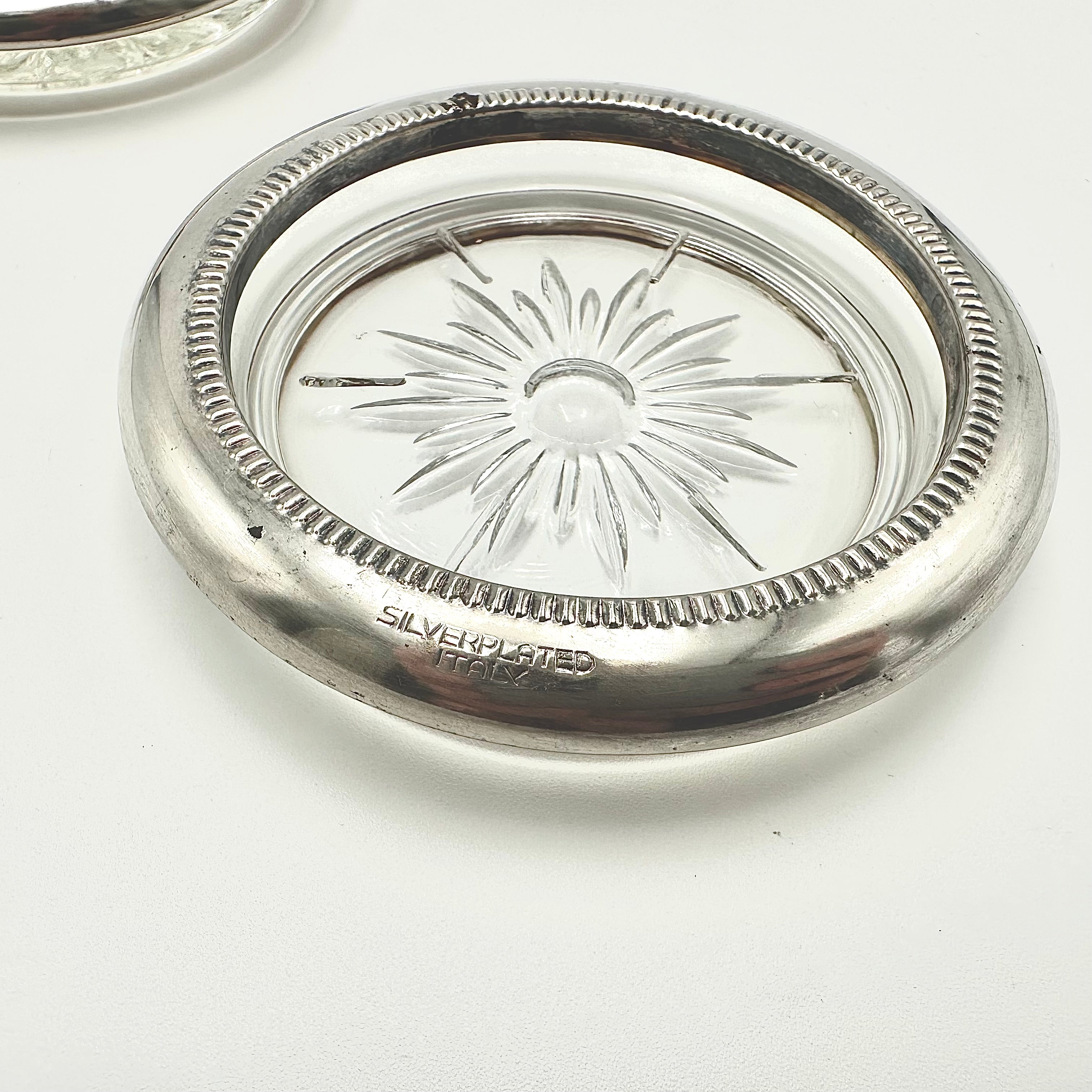 Leonard Silverplated Italy Glass Coasters Set of 2