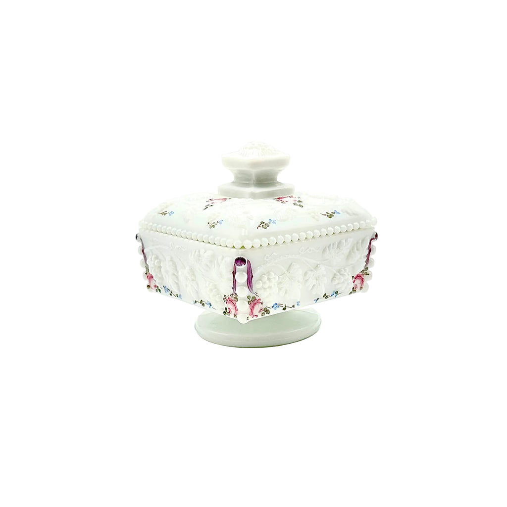 Westmoreland Hand Painted Milk Glass Paneled Grape Covered Cake Box