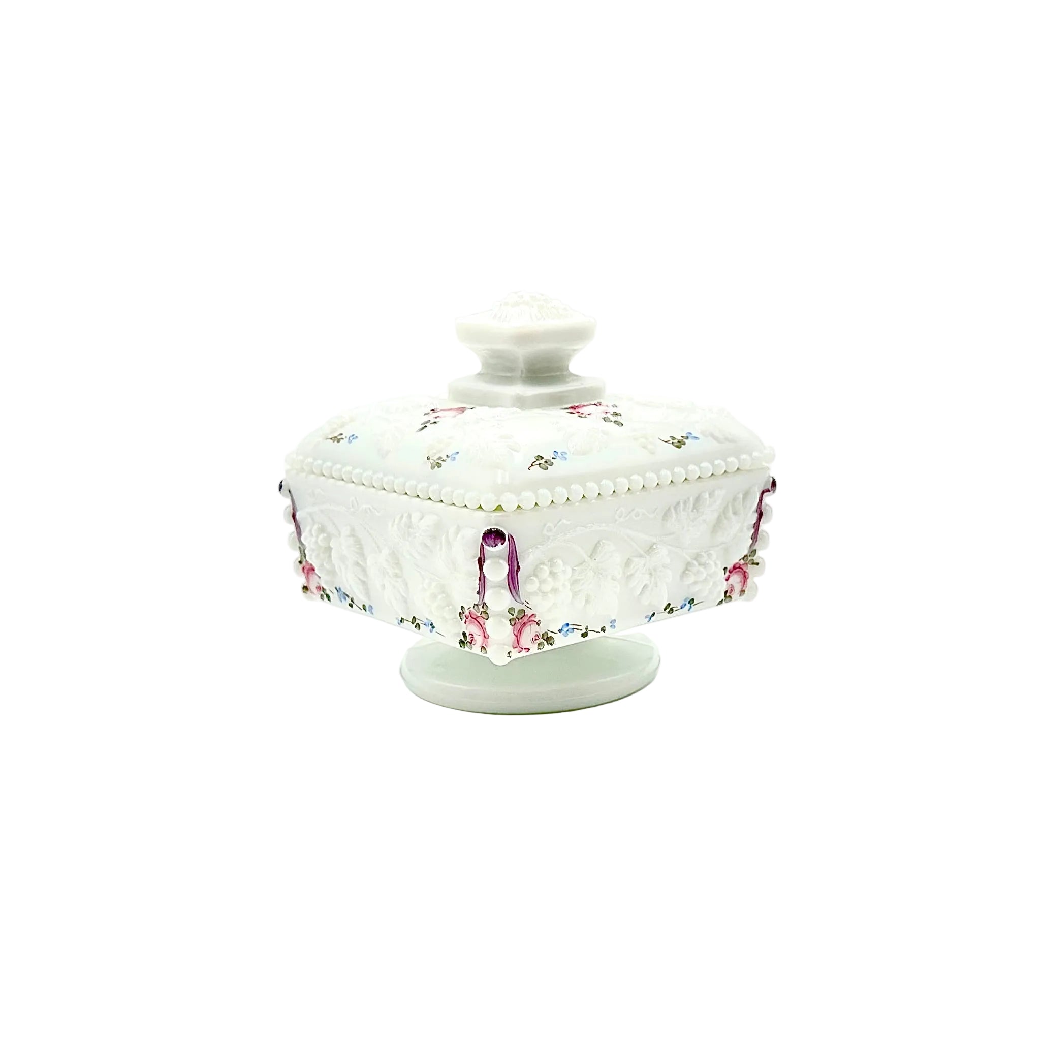 Westmoreland Hand Painted Milk Glass Paneled Grape Covered Cake Box