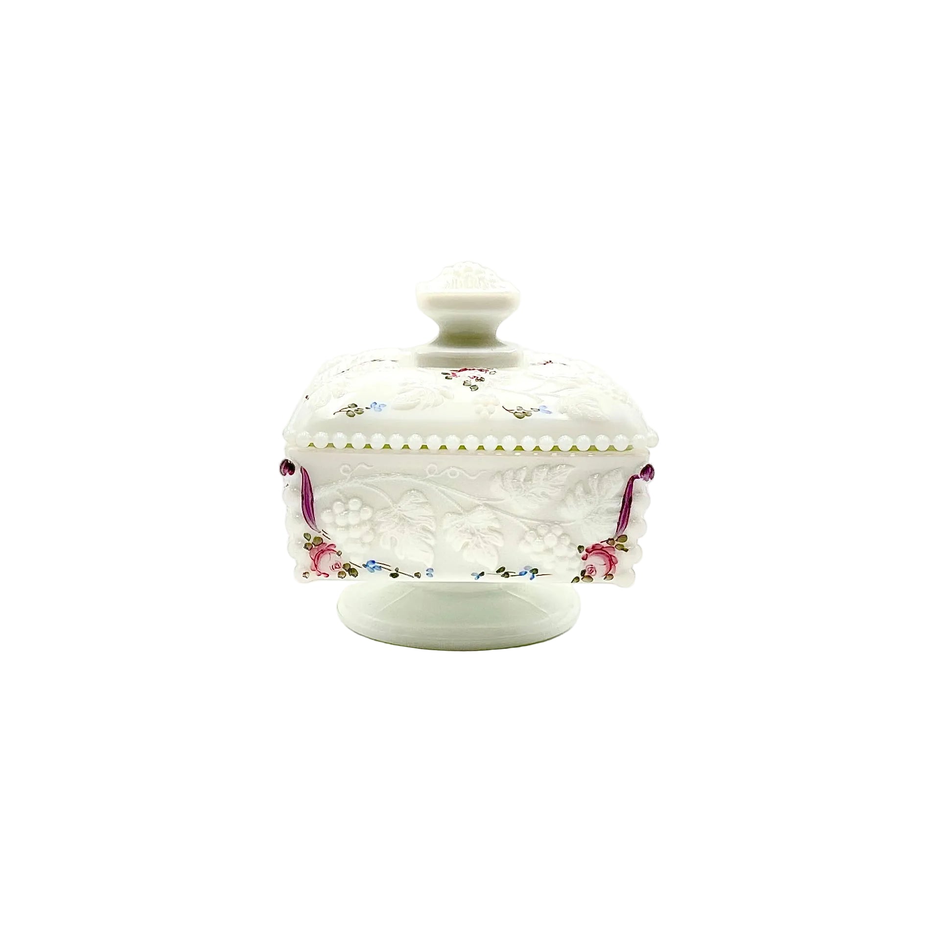 Westmoreland Hand Painted Milk Glass Paneled Grape Covered Cake Box