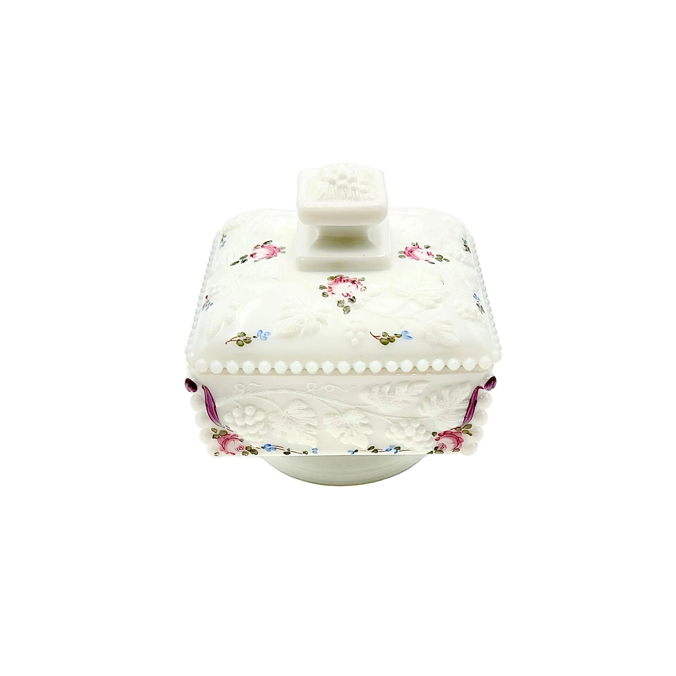 Westmoreland Hand Painted Milk Glass Paneled Grape Covered Cake Box