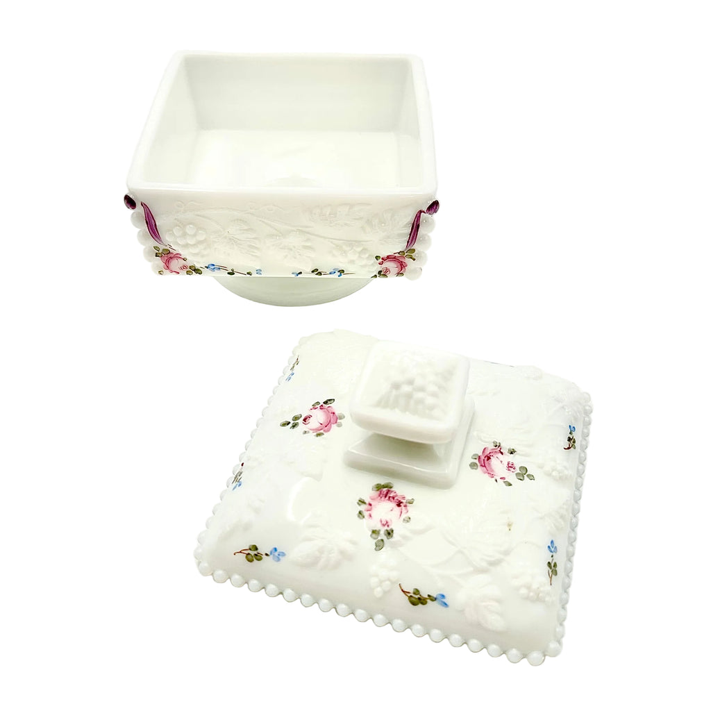 Westmoreland Hand Painted Milk Glass Paneled Grape Covered Cake Box