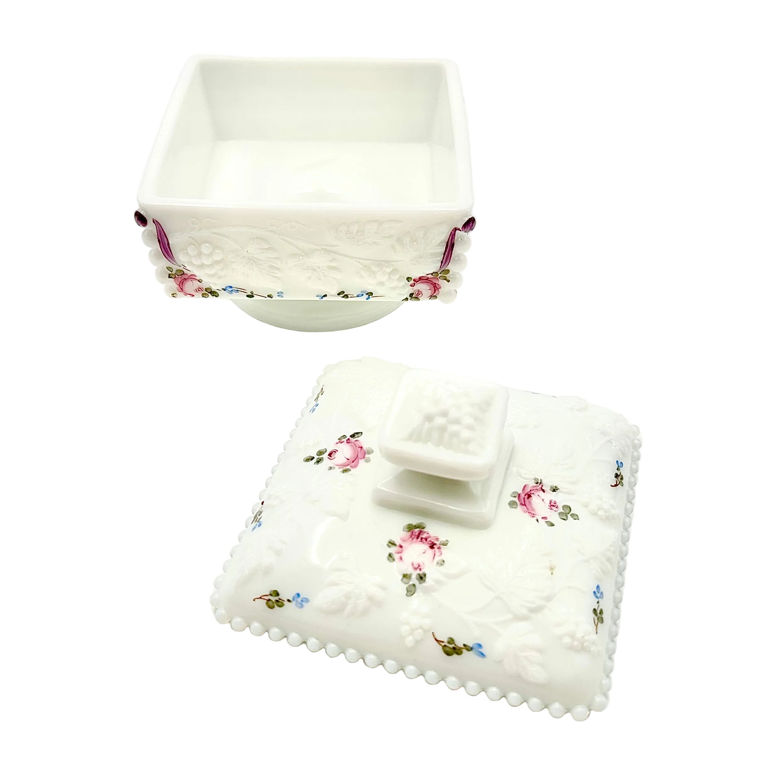 Westmoreland Hand Painted Milk Glass Paneled Grape Covered Cake Box