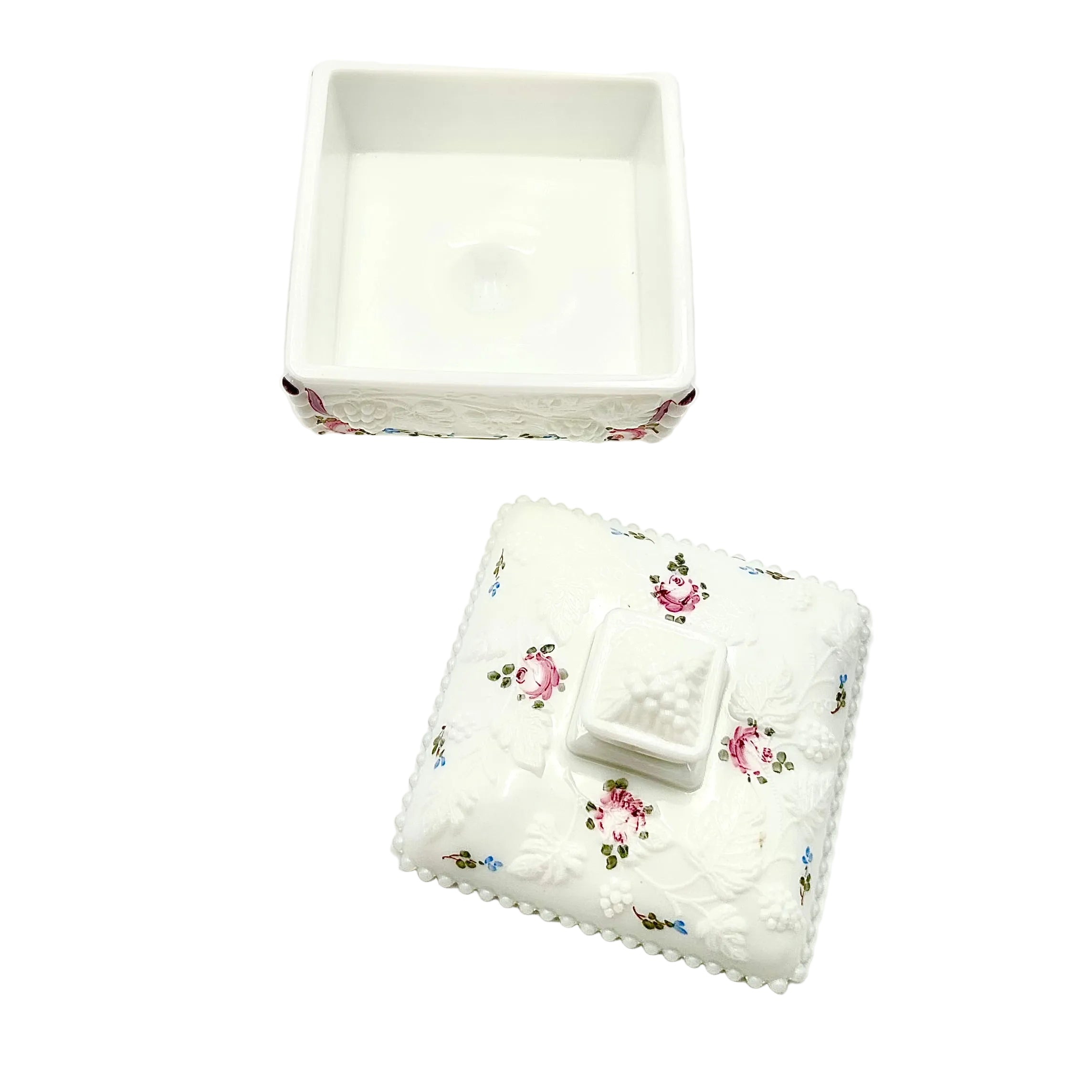 Westmoreland Hand Painted Milk Glass Paneled Grape Covered Cake Box