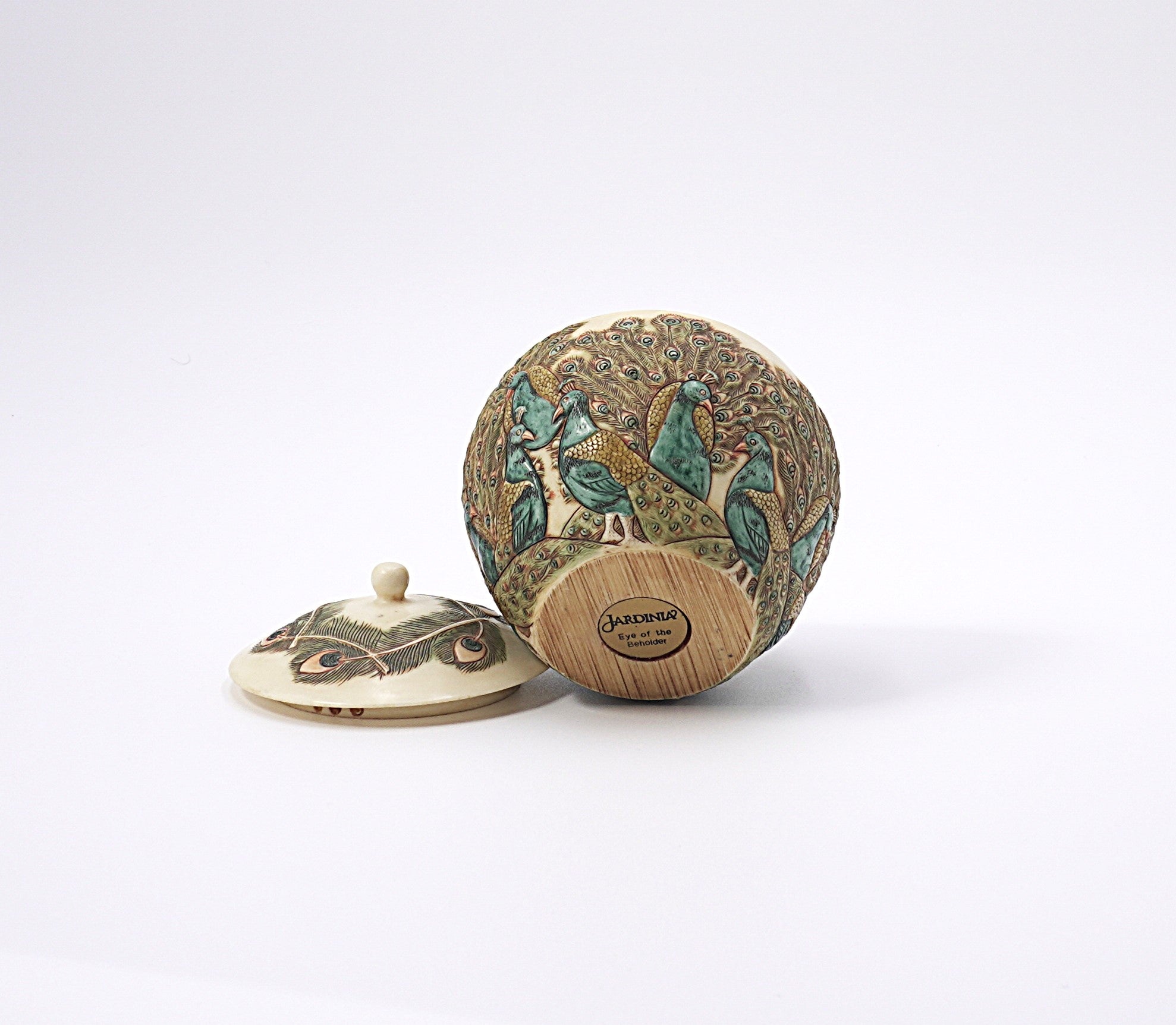 Vintage Alabaster Peacock Lidded Jar Jardinia Eye of the Beholder