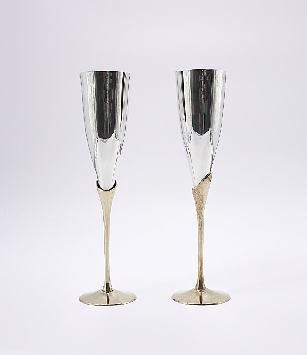 Vintage International Silver Champagne Flutes Gold Stem Set with Box