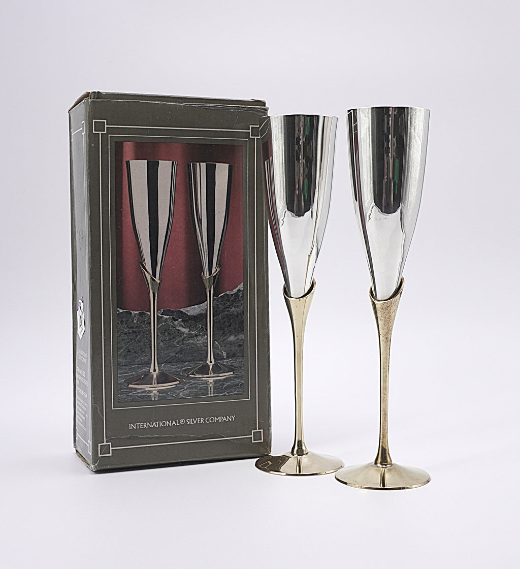 Vintage International Silver Champagne Flutes Gold Stem Set with Box