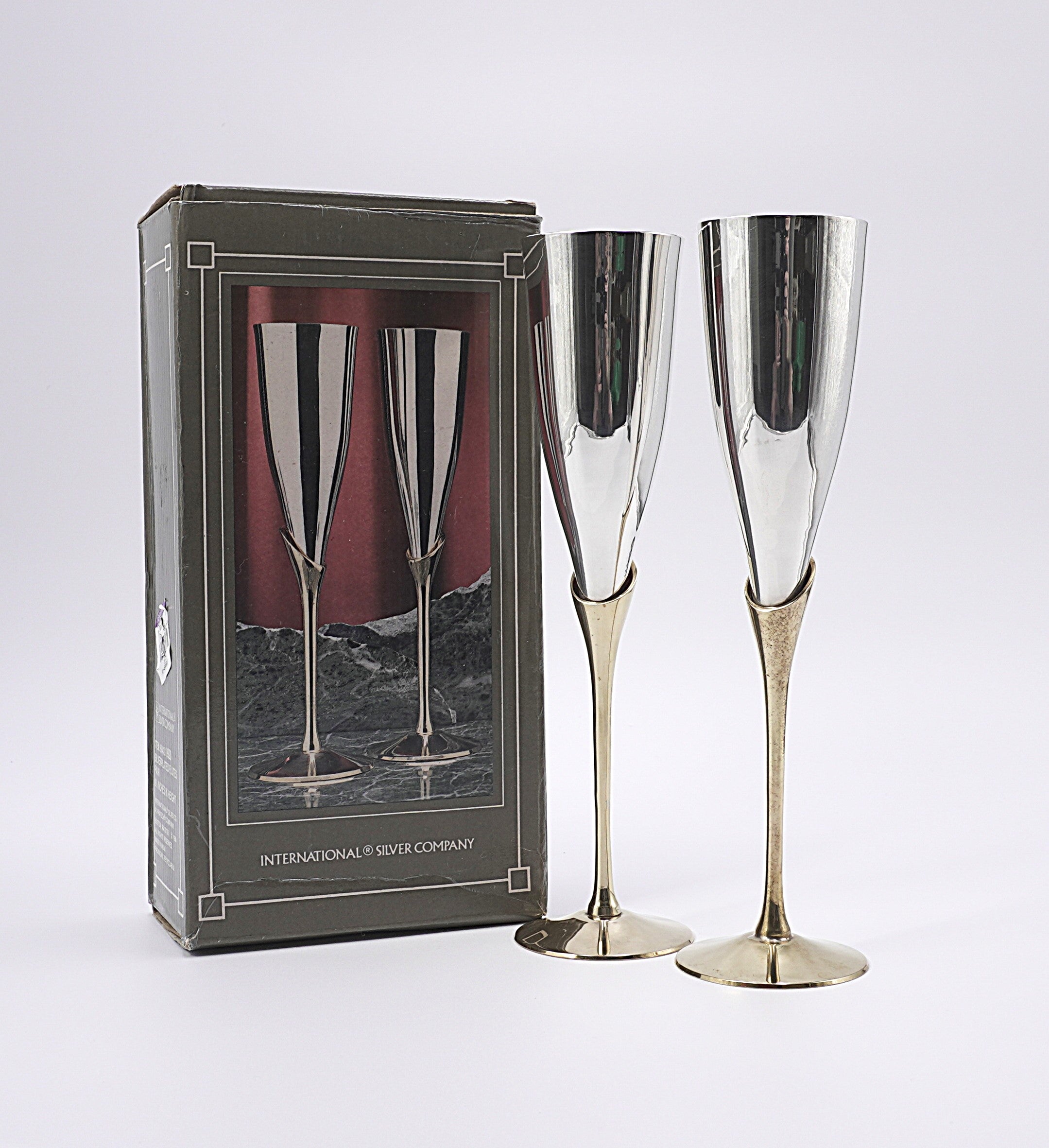 Vintage International Silver Champagne Flutes Gold Stem Set with Box
