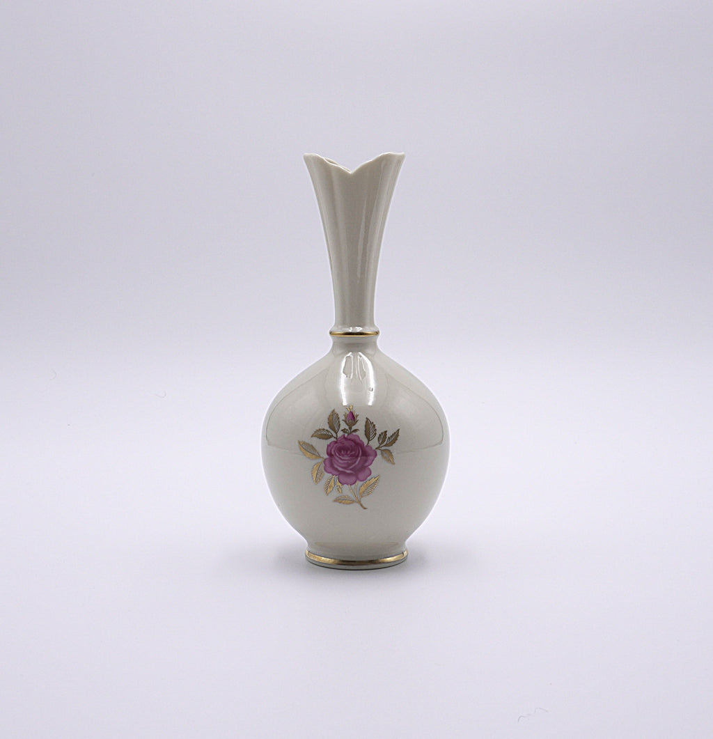 Lenox Ivory Porcelain Bud Vase with Hand-Painted Rose & 24k Gold