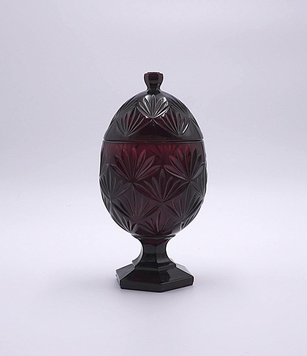 Vintage Ruby Red French Pressed Glass Egg Candy Dish with Lid