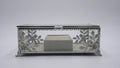 Ornate Silver Filigree Glass Jewelry Box with Floral Details & Linen Ring Organizer