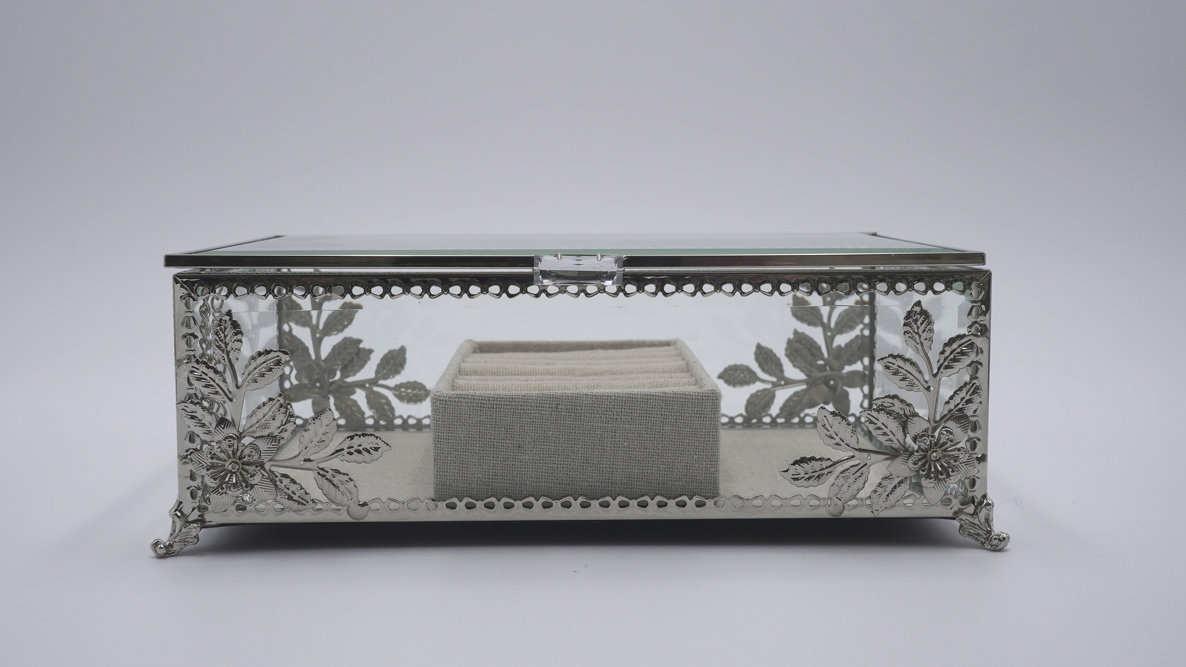 Ornate Silver Filigree Glass Jewelry Box with Floral Details & Linen Ring Organizer